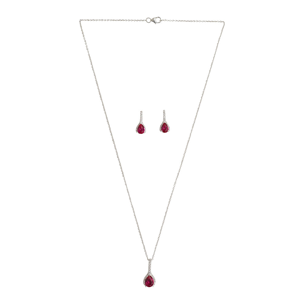 Women's Eclectica Ruby Drop Earrings And Pendant 925 Sterling Silver Set - Voylla