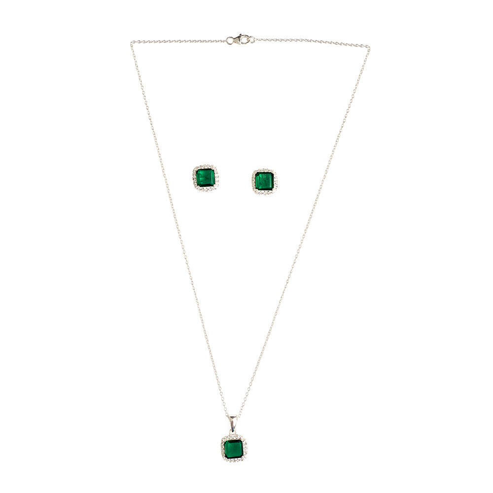 Women's Cubic Zirconia Emerald Pave Short Pendant 925 Steling Silver Set - Voylla