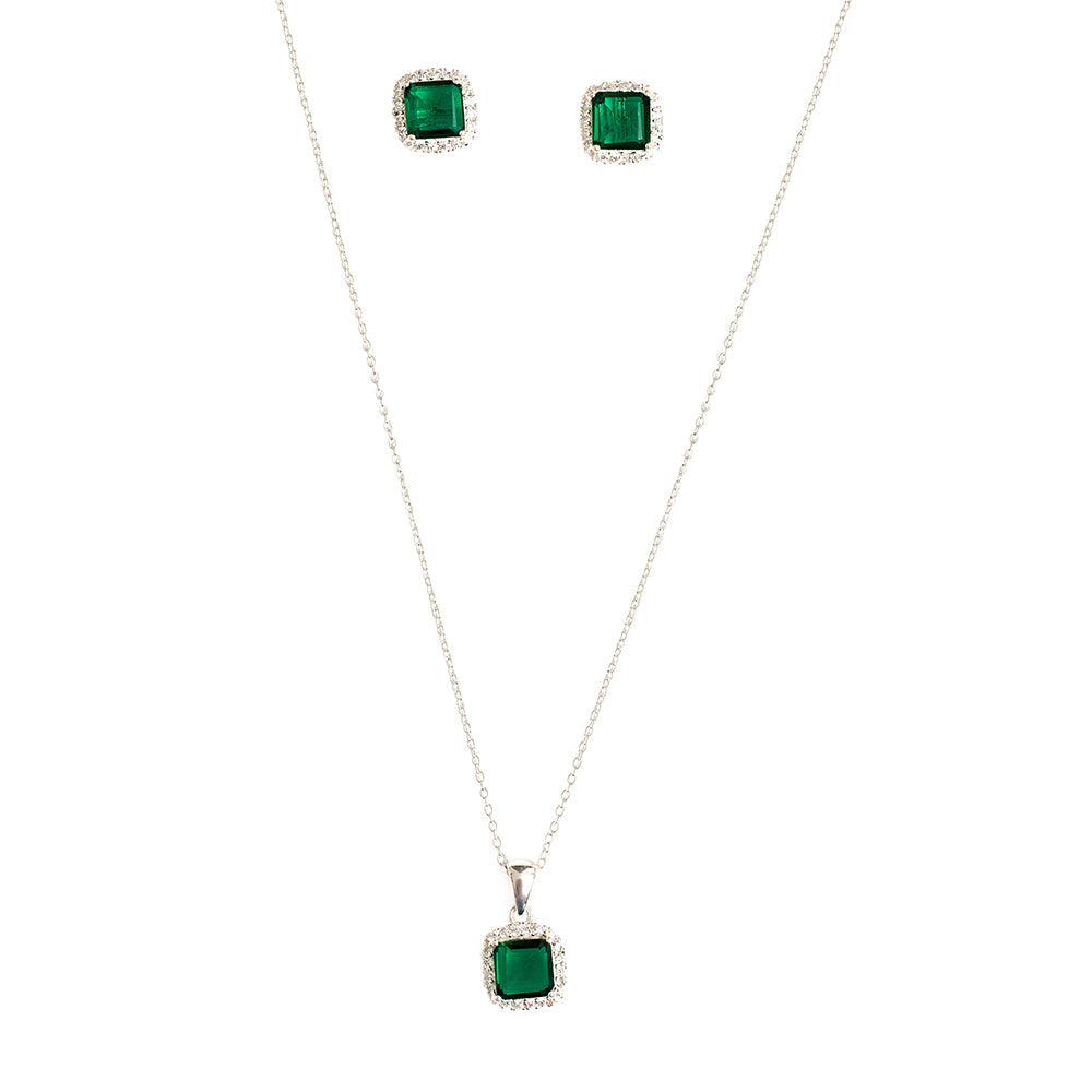 Women's Cubic Zirconia Emerald Pave Short Pendant 925 Steling Silver Set - Voylla