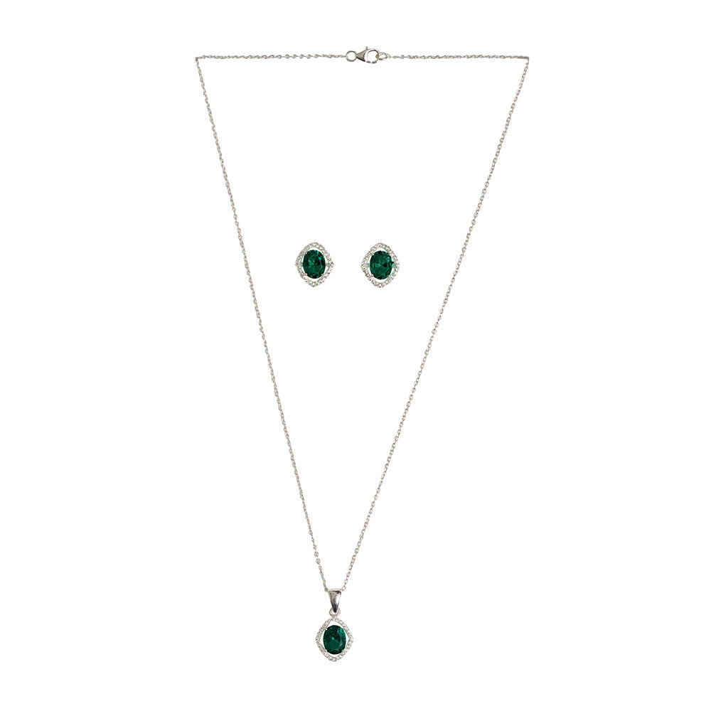 Women's Emerald Floating Stone 925 Sterling Silver Pendant Set - Voylla