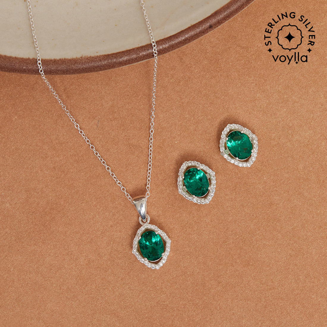 Women's Emerald Floating Stone 925 Sterling Silver Pendant Set - Voylla