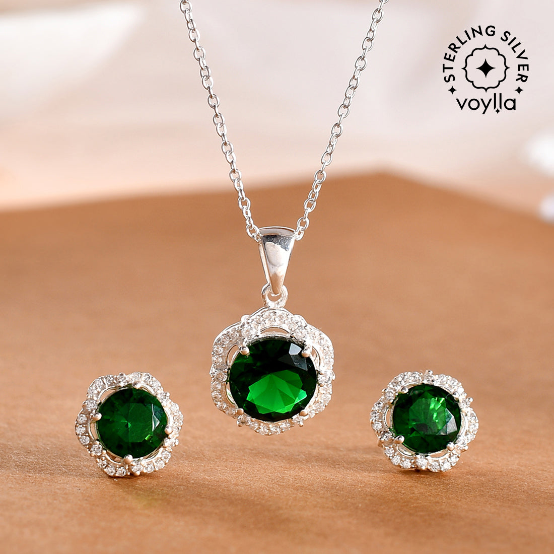 Women's Four Prong Setting Round Cut Emerald Adorned 925 Sterling Silver Pendant Set - Voylla