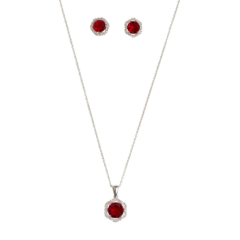 Women's Red Hexagonal Cz Surrounded 925 Sterling Silver Pendant Set - Voylla