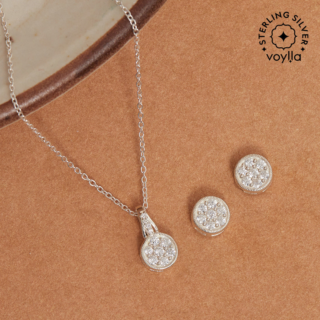 Women's Casual Round Cz Pendant Necklace And Earring 925 Sterling Silver Set - Voylla