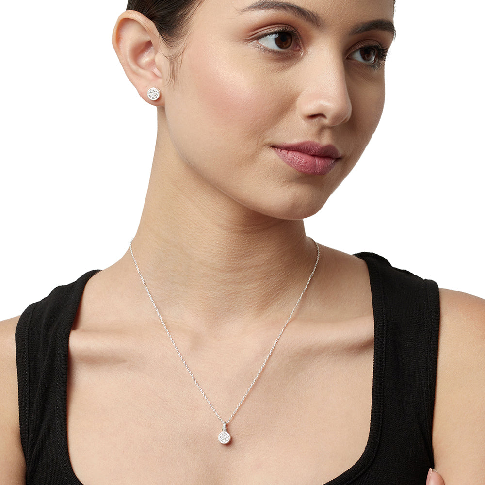 Women's Casual Round Cz Pendant Necklace And Earring 925 Sterling Silver Set - Voylla