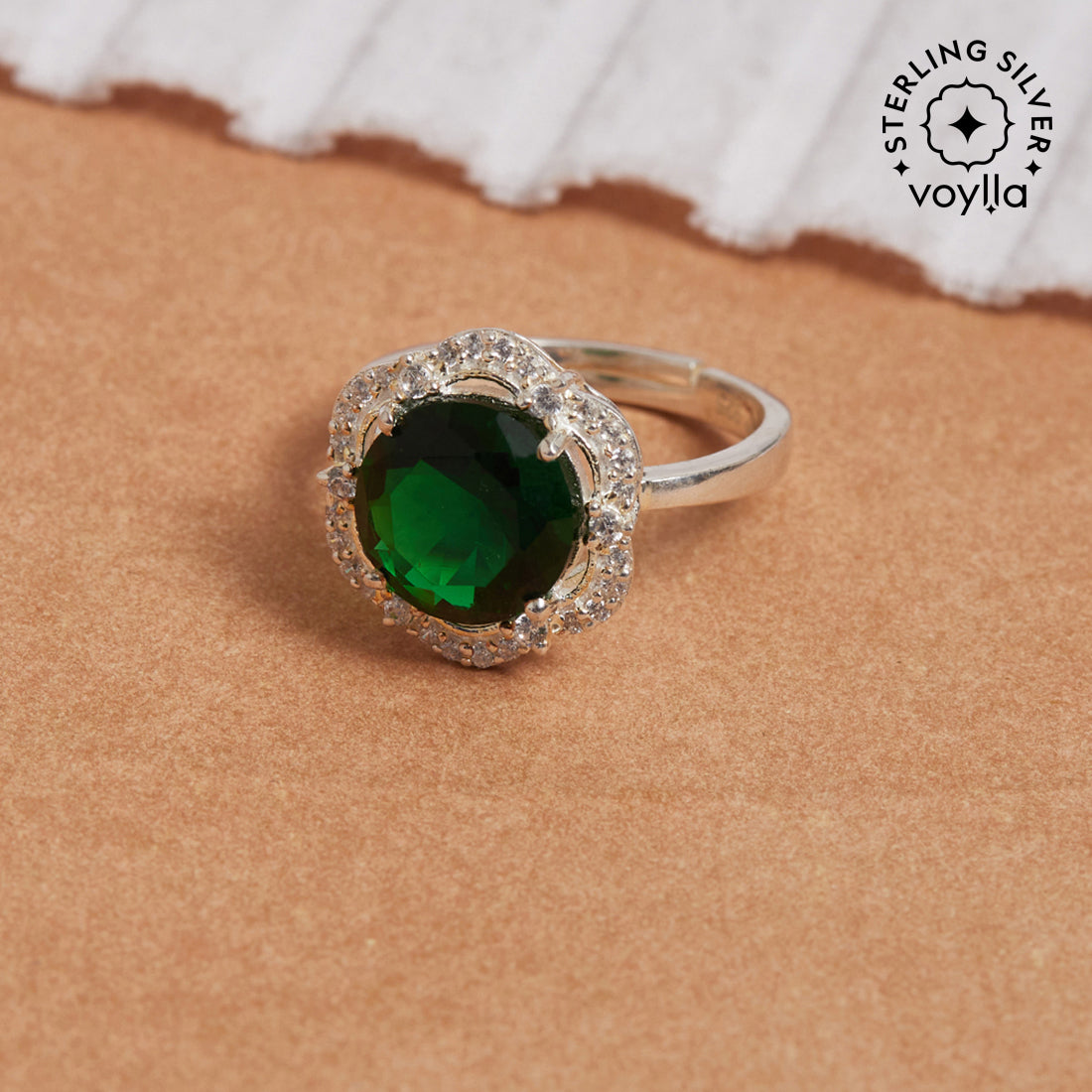 Women's Elevated Emerald Cz 925 Sterling Silver Adjustable Ring - Voylla