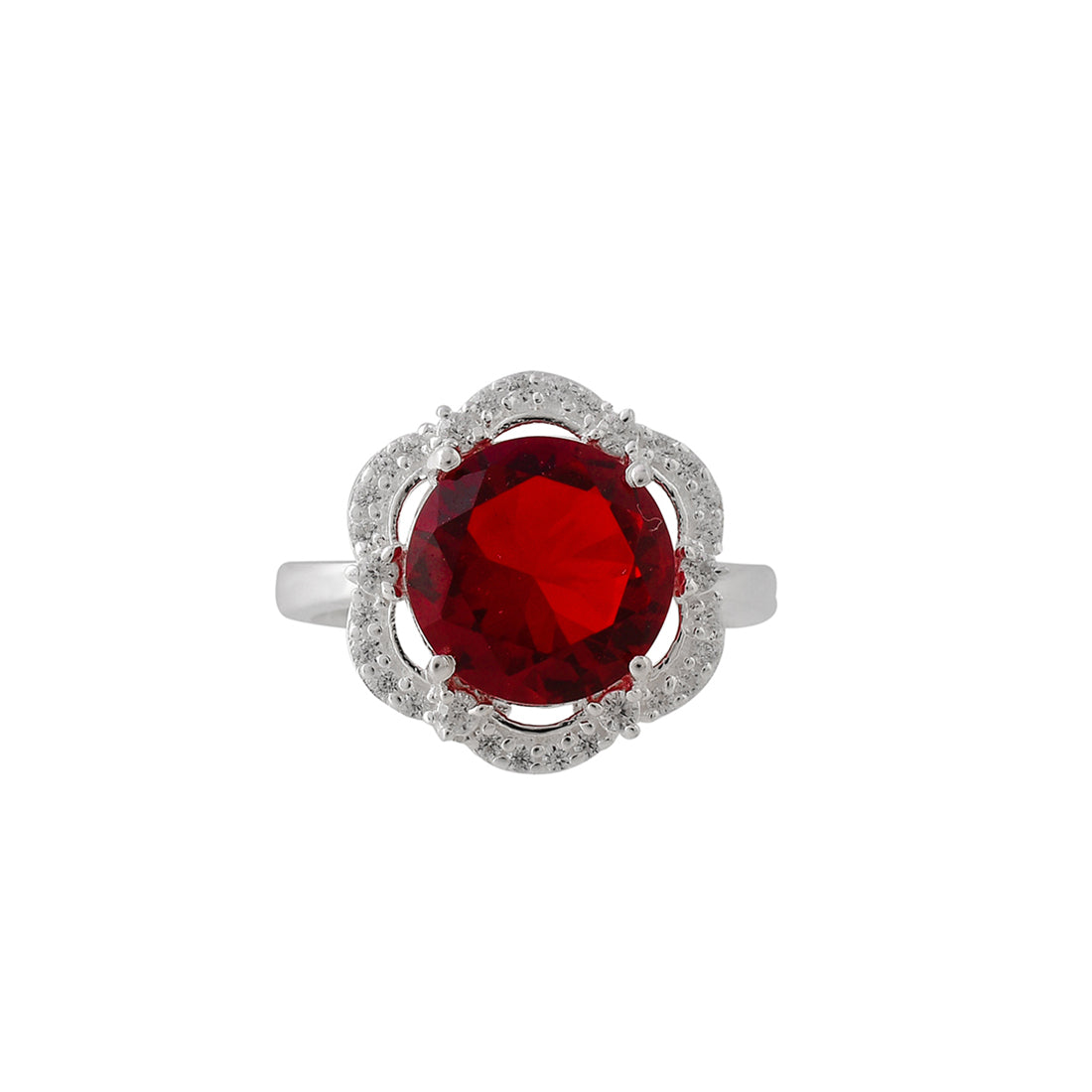 Women's Round Cut Red Ruby Cluster Setting 925 Sterling Silver Ring - Voylla