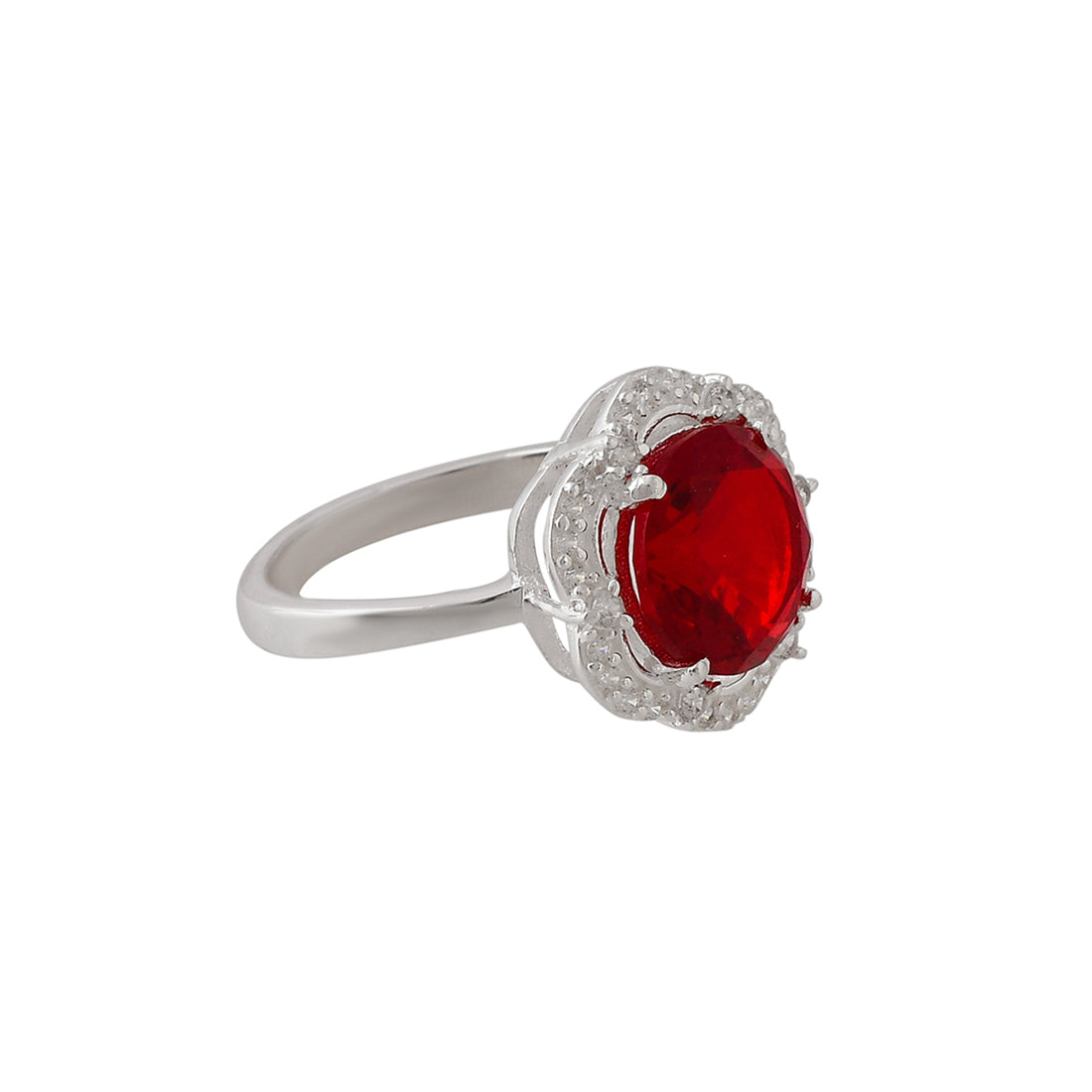 Women's Round Cut Red Ruby Cluster Setting 925 Sterling Silver Ring - Voylla