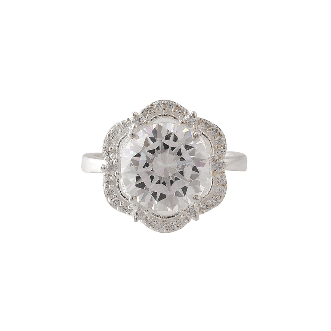 Women's Single White Round Cut Zirconia Sterling Silver Adjustable Ring - Voylla