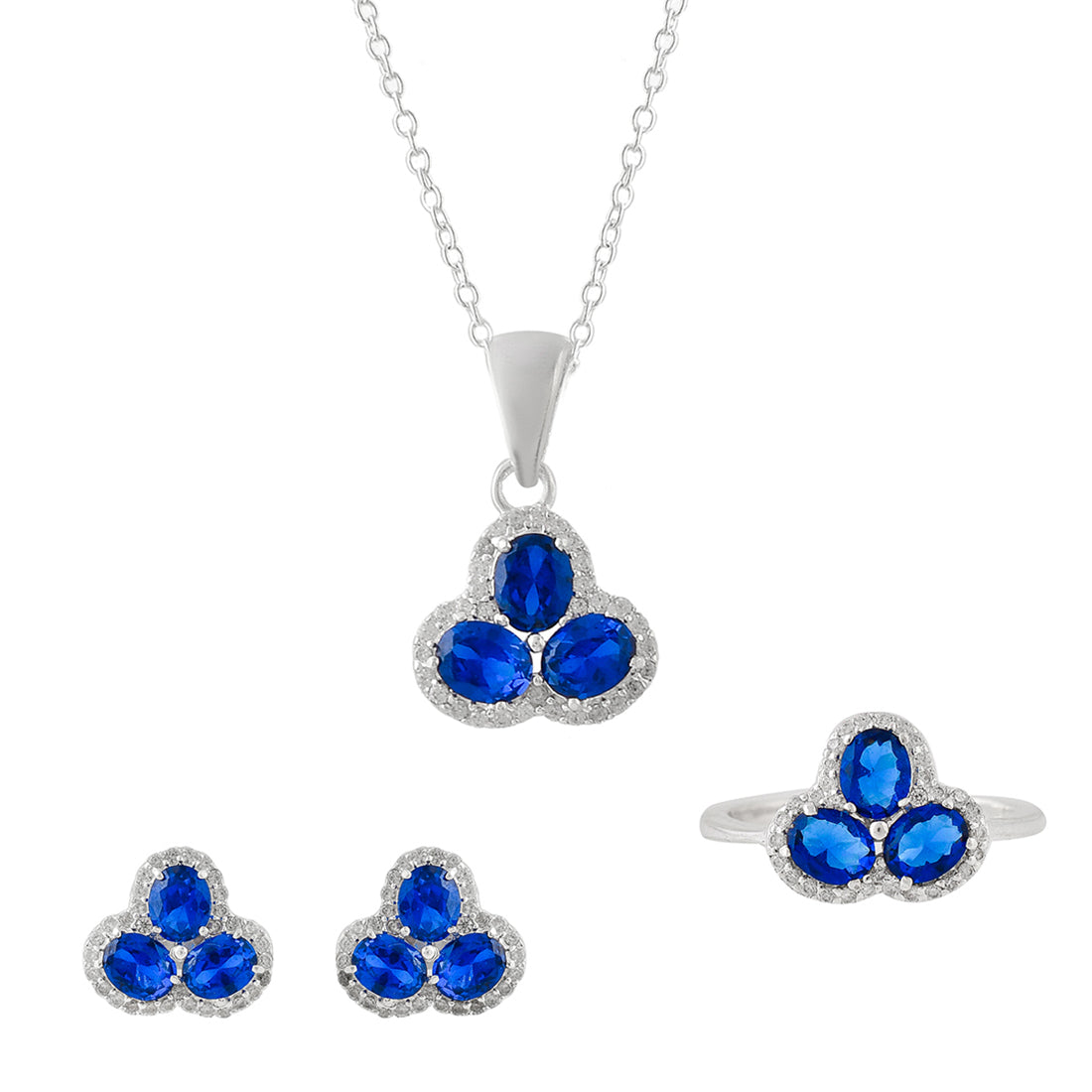 Women's Cluster Setting Round Cut Sapphire Floral Sterling Silver Box Set - Voylla