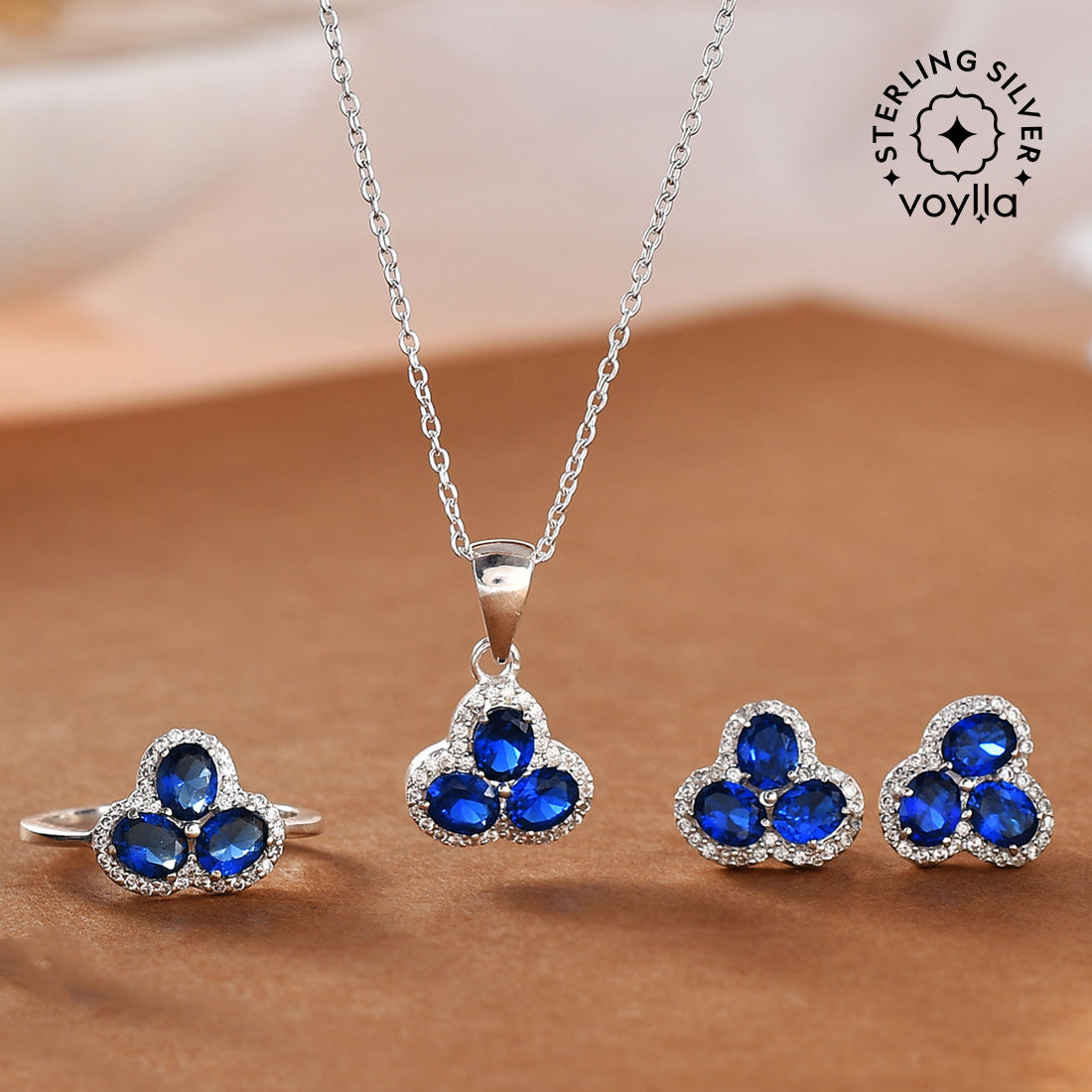 Women's Cluster Setting Round Cut Sapphire Floral Sterling Silver Box Set - Voylla