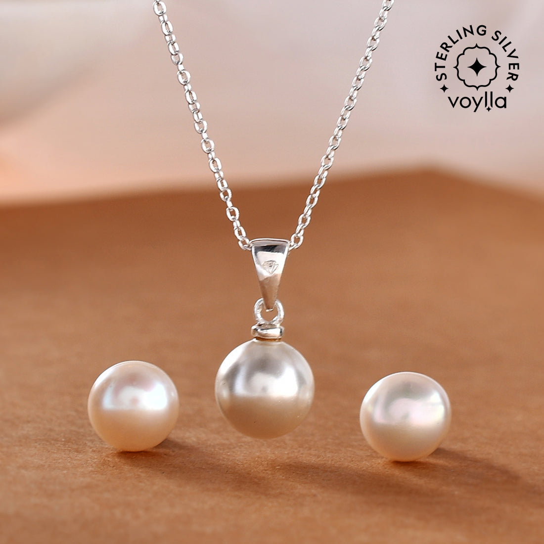 Women's Round White Pearls Embellished Sterling Silver Pendant Set - Voylla