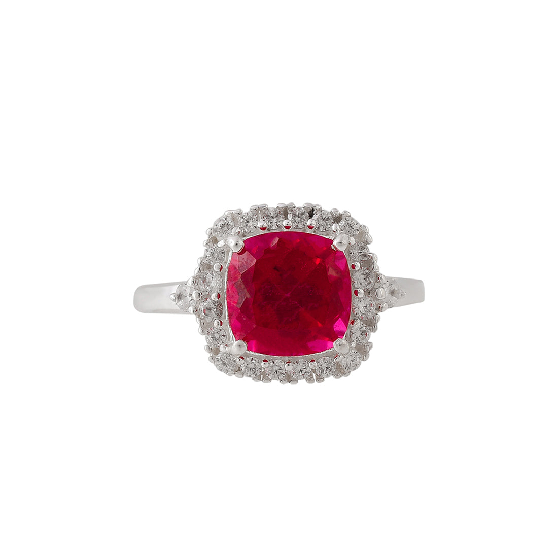 Women's 925 Sterling Silver Square Cut Red Ruby Embellished Ring - Voylla