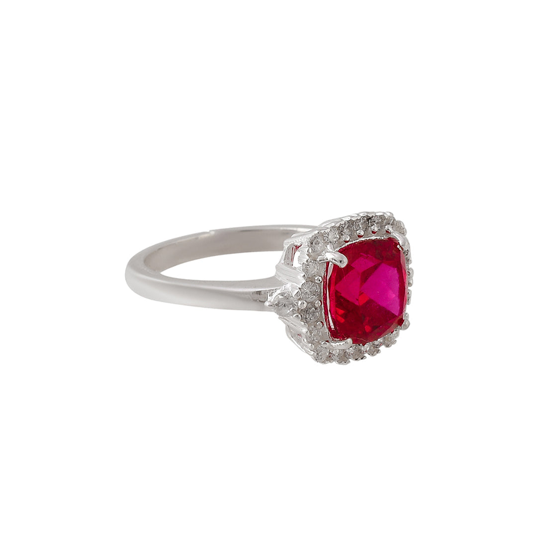 Women's 925 Sterling Silver Square Cut Red Ruby Embellished Ring - Voylla