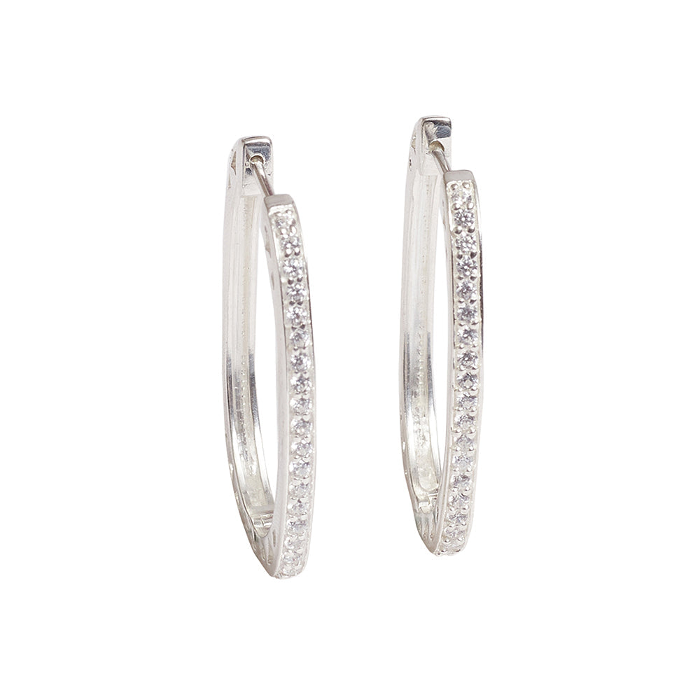 Women's Sterling Silver Zircons Embellished Huggie Silver Toned Earrings - Voylla