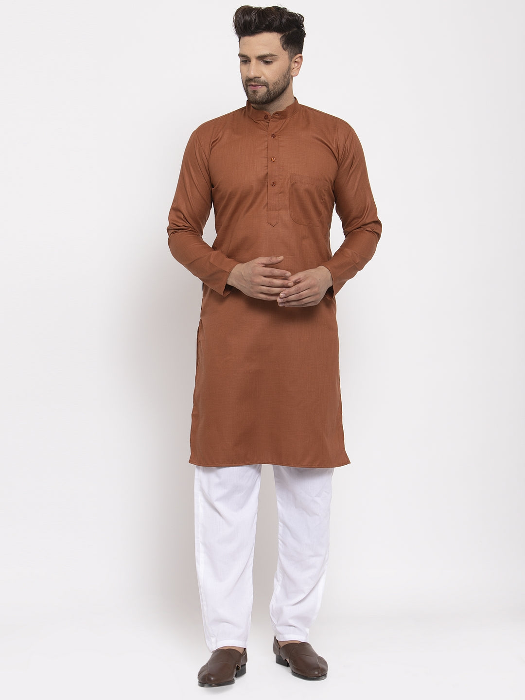 Men's Brown Cotton Solid Kurta Payjama Sets ( JOKP 611 Brown ) - Virat Fashions