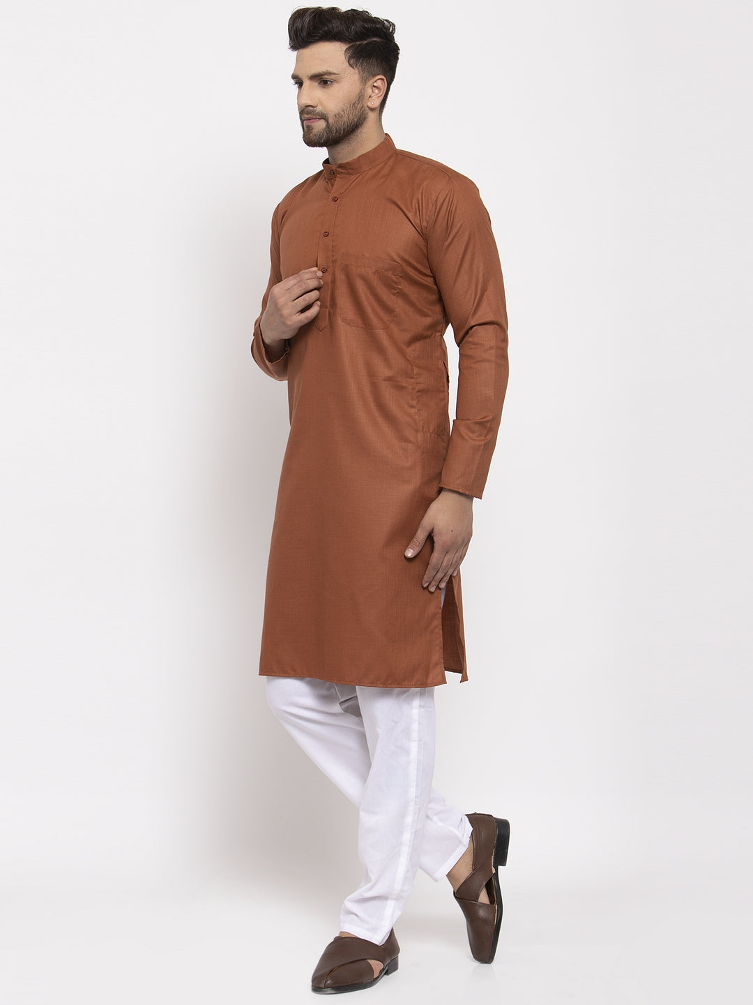 Men's Brown Cotton Solid Kurta Payjama Sets ( JOKP 611 Brown ) - Virat Fashions