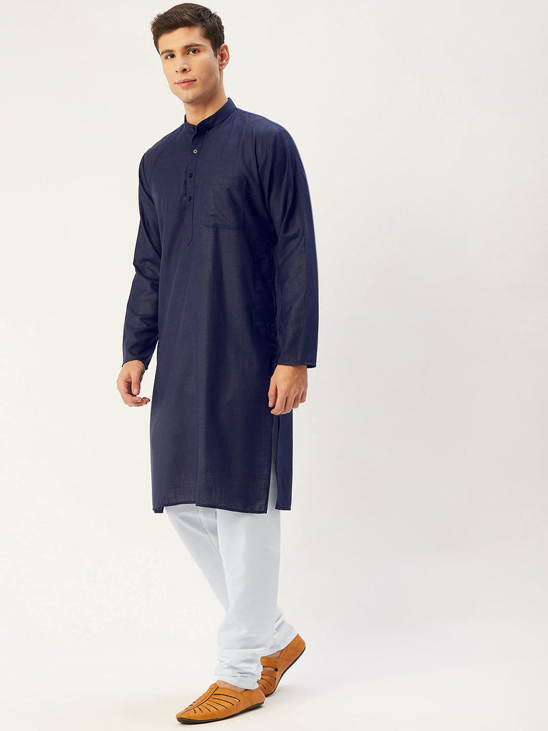 Men's Navy Cotton Solid Kurta Payjama Sets ( JOKP 611 Navy )