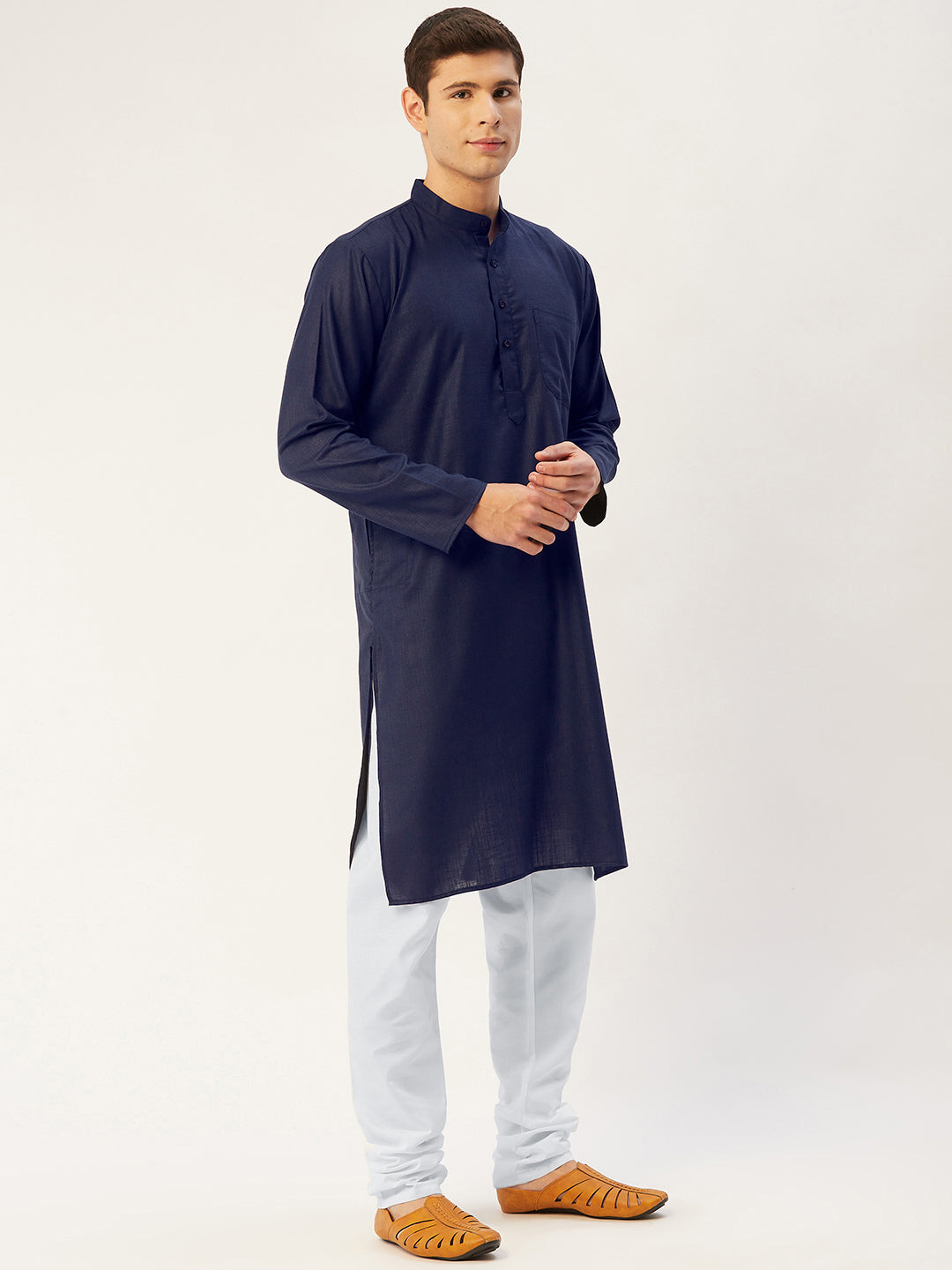 Men's Navy Cotton Solid Kurta Payjama Sets ( JOKP 611 Navy ) - Virat Fashions