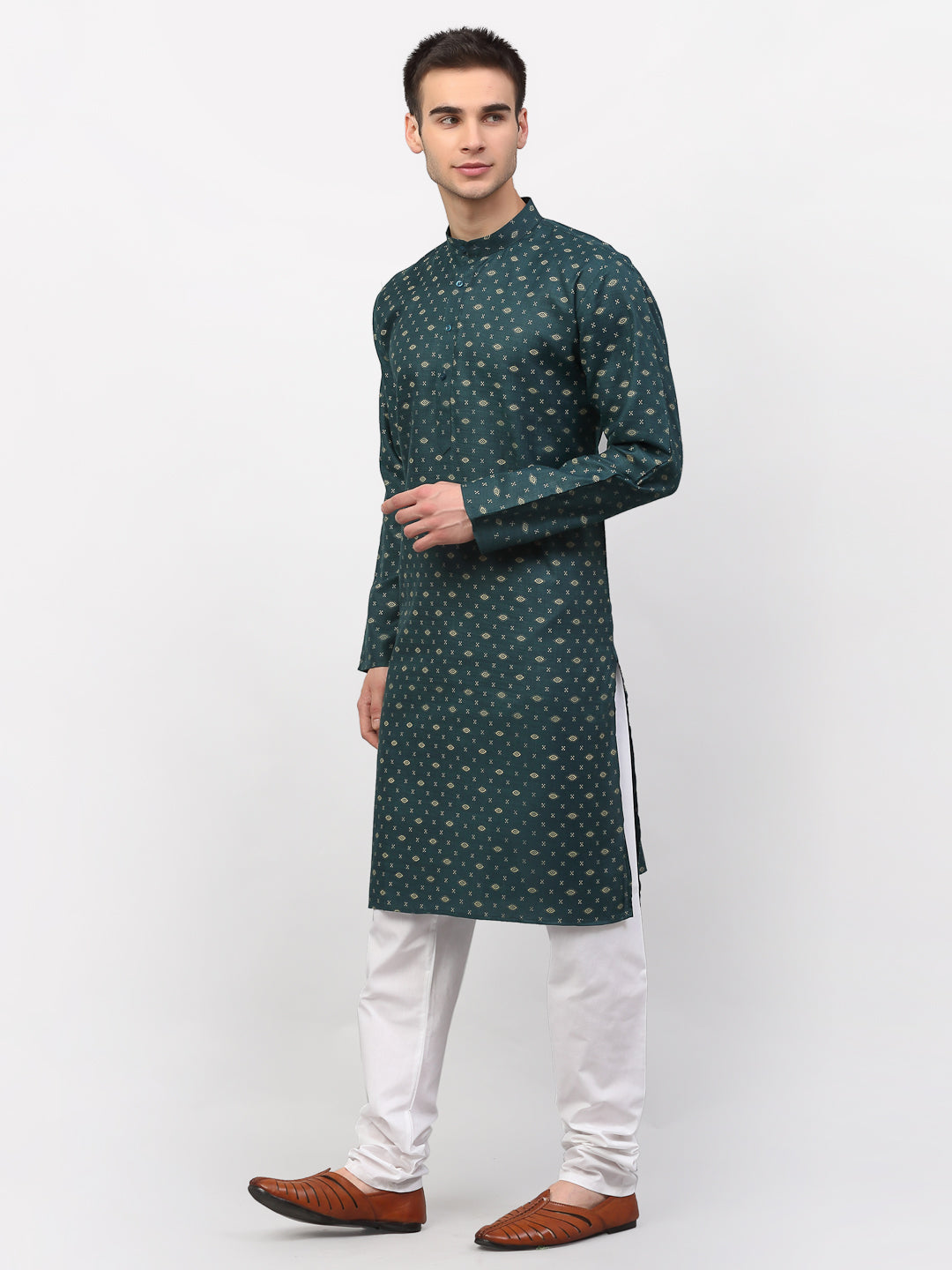 Men's Olive Printed Cotton Kurta Payjama Sets ( JOKP 614 Olive ) - Virat Fashions
