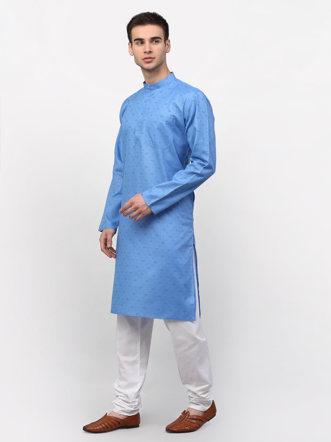 Men's Sky Printed Cotton Kurta Only ( KO 614 Sky ) - Virat Fashions