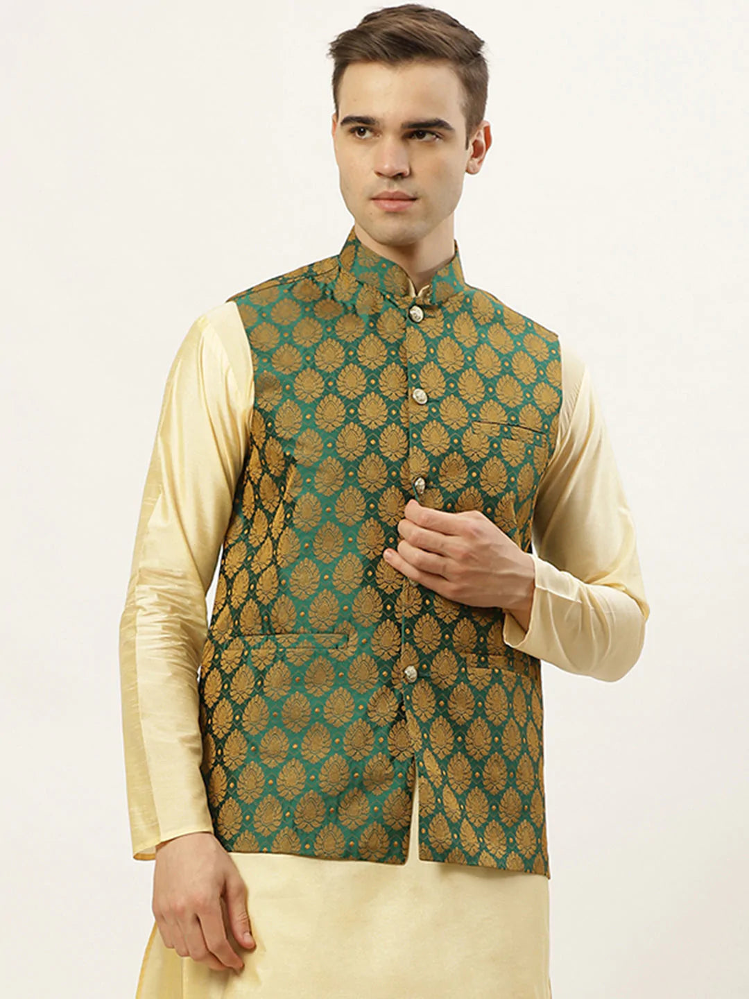Men's Green Self-Designed Waistcoat ( JOWC 4026 Green ) - Virat Fashions