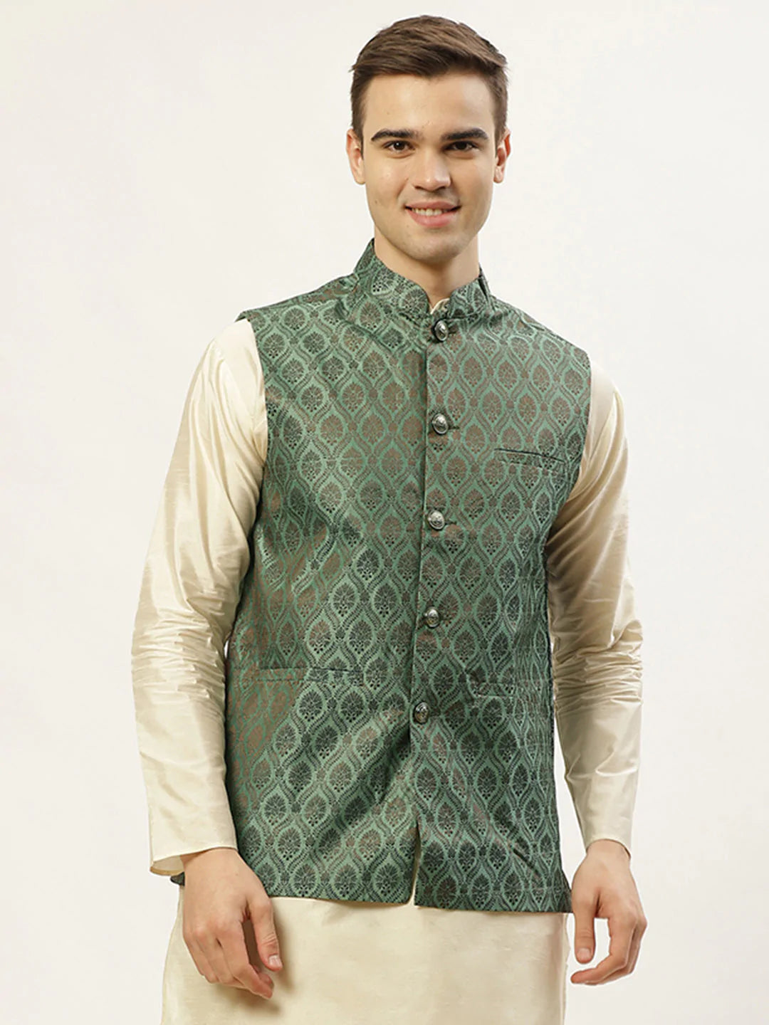 Men's Green Self-Designed Waistcoat ( JOWC 4028Green ) - Virat Fashions