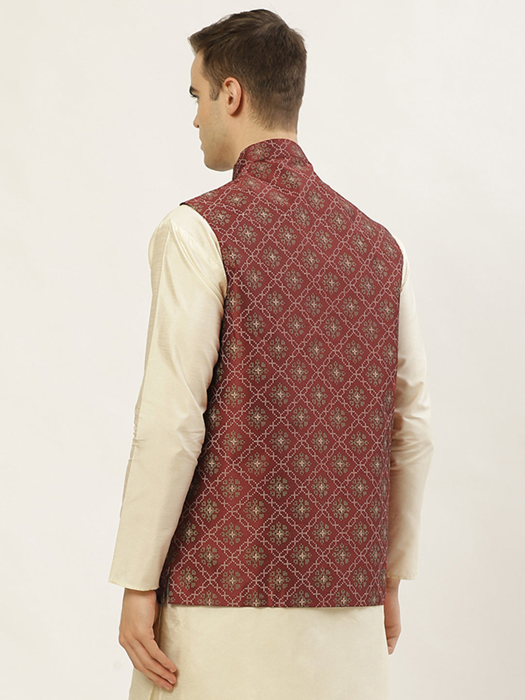 Men's Maroon Printed Nehru Jacket ( JOWC 4031Maroon ) - Virat Fashions