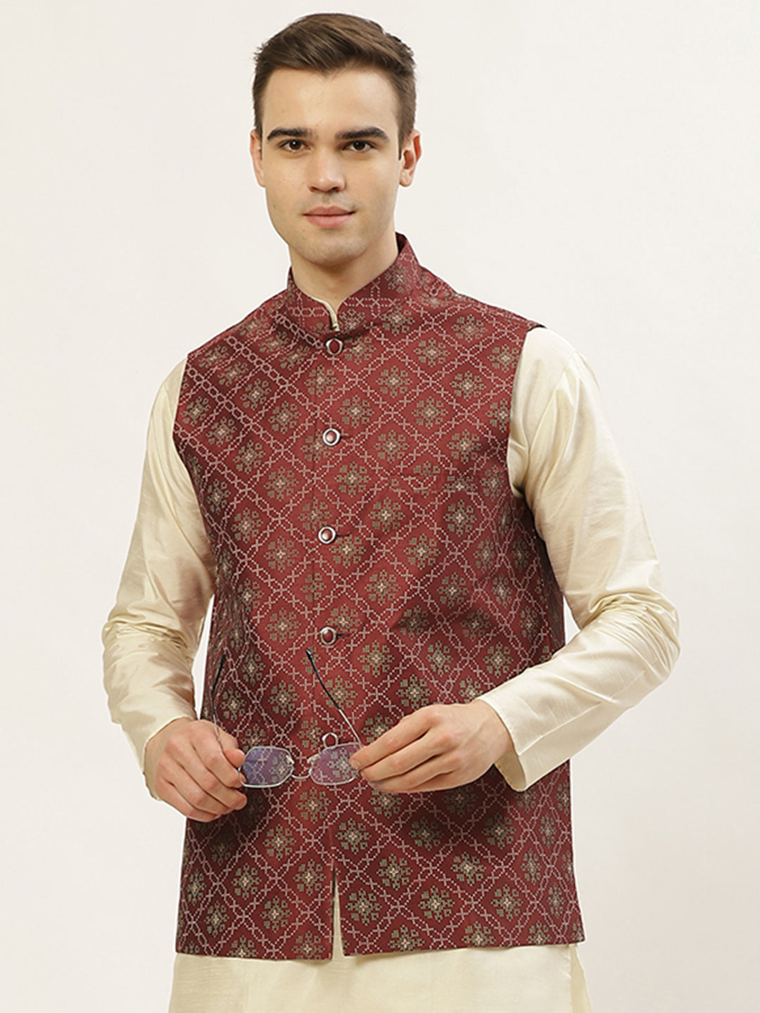Men's Maroon Printed Nehru Jacket ( JOWC 4031Maroon ) - Virat Fashions