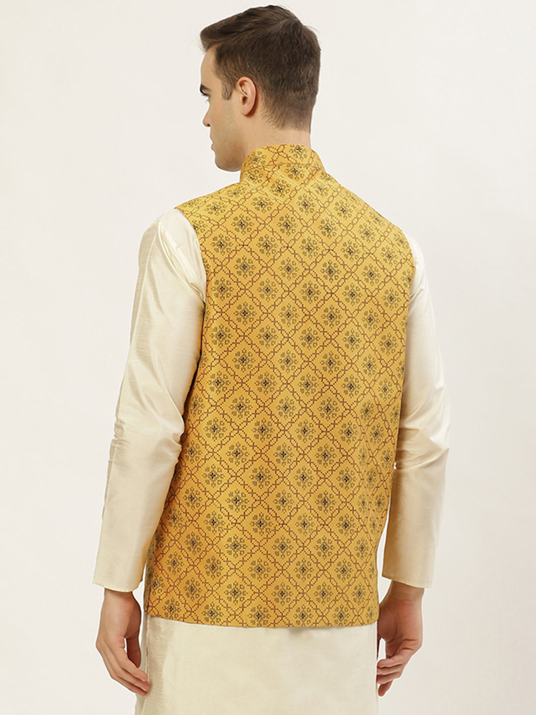 Men's Mustard Printed Nehru Jacket ( JOWC 4031Mustard ) - Virat Fashions