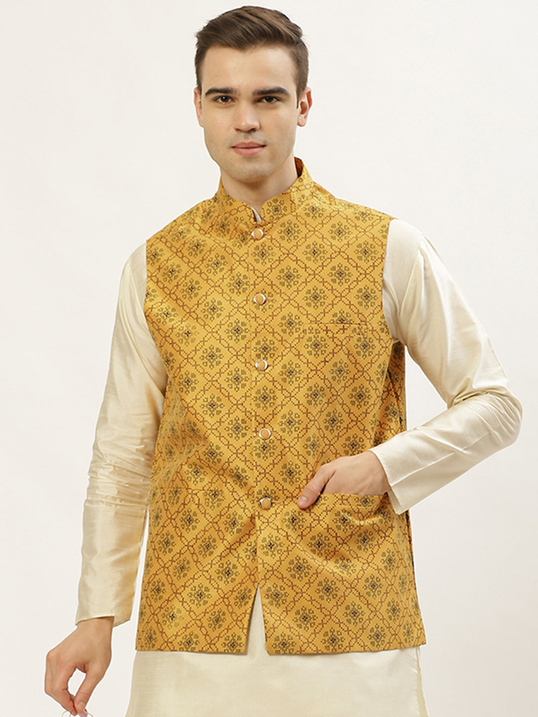 Men's Mustard Printed Nehru Jacket ( JOWC 4031Mustard ) - Virat Fashions