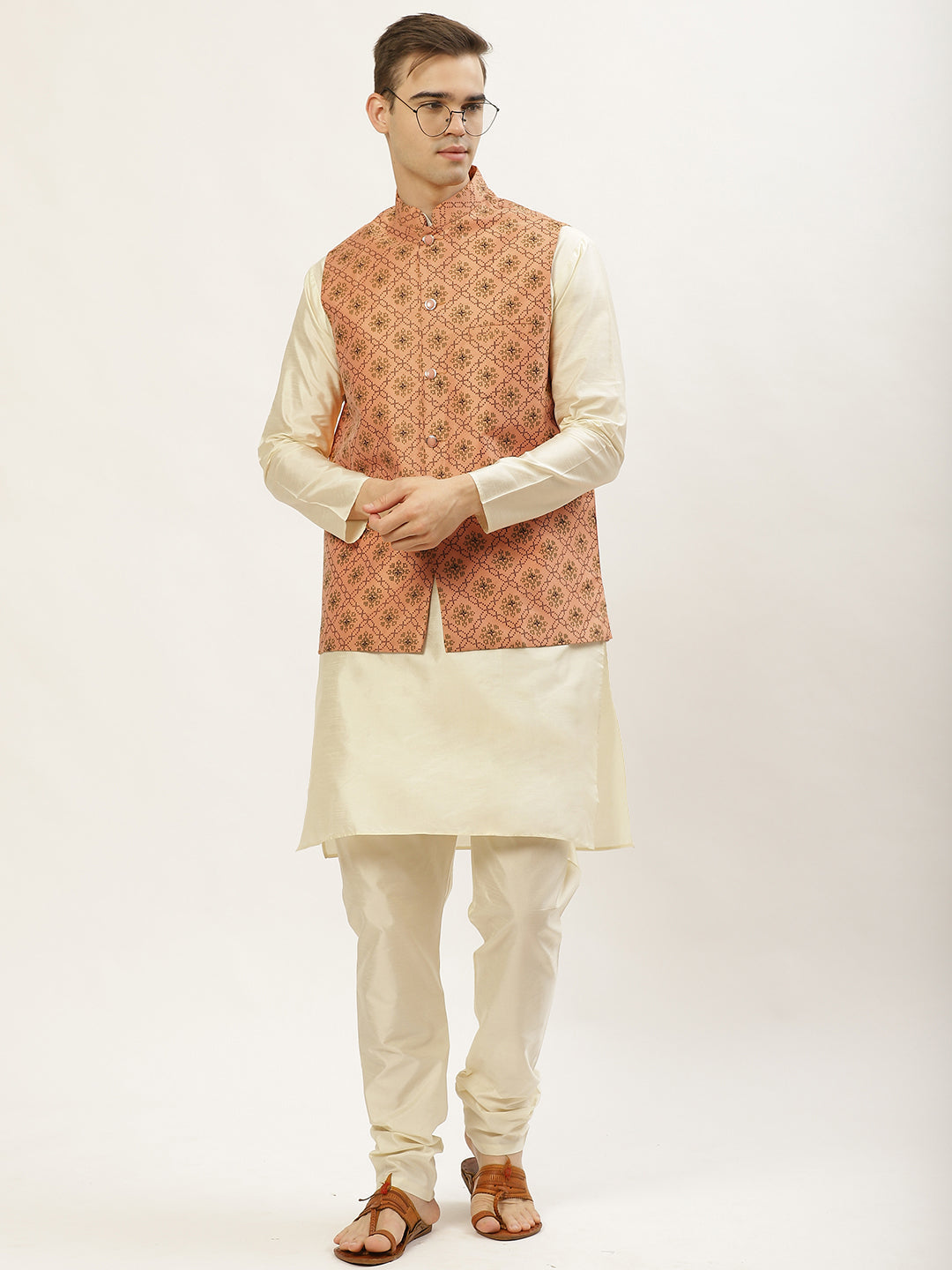 Men's Orange Printed Nehru Jacket ( JOWC 4031Orange ) - Virat Fashions