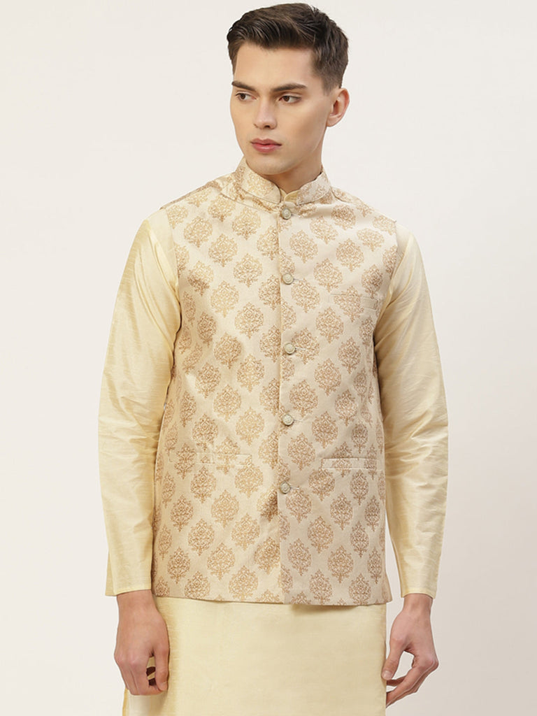 Men's Cream Printed Nehru Jacket ( JOWC 4032Cream )