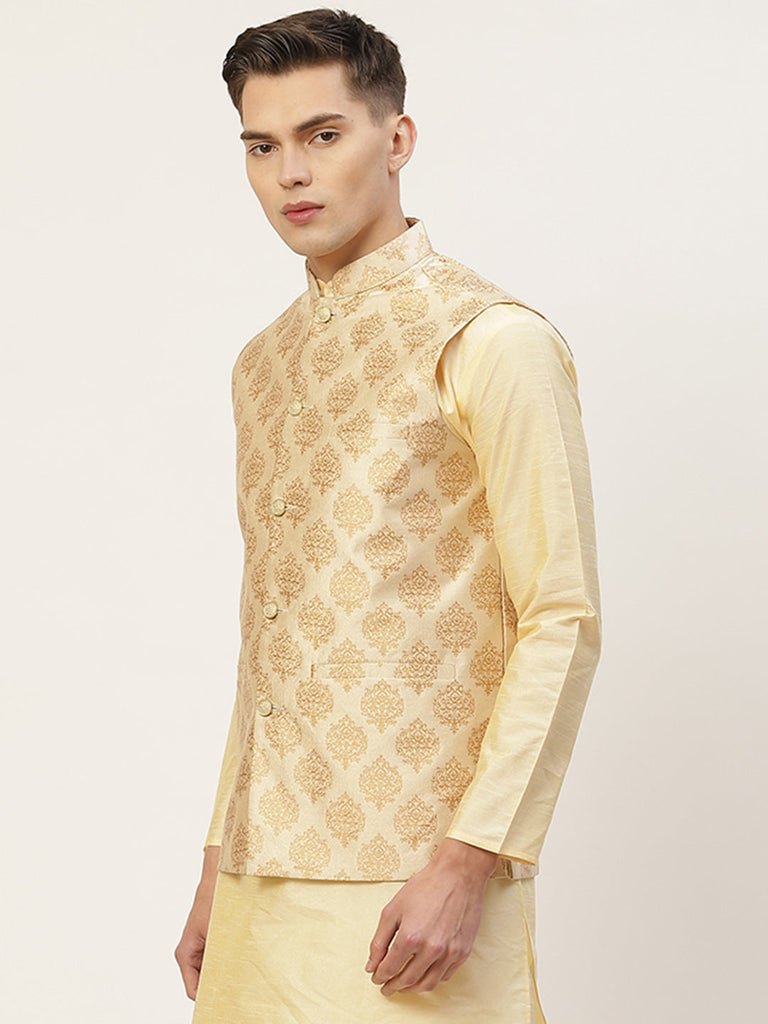 Men's Cream Printed Nehru Jacket ( JOWC 4032Cream )