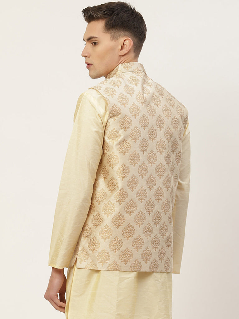Men's Cream Printed Nehru Jacket ( JOWC 4032Cream )