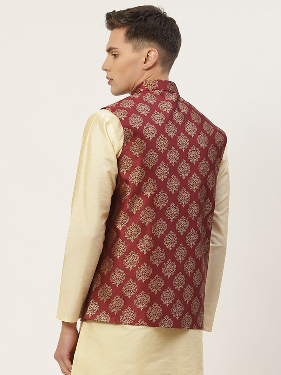 Men's Maroon Printed Nehru Jacket ( JOWC 4032Maroon ) - Virat Fashions