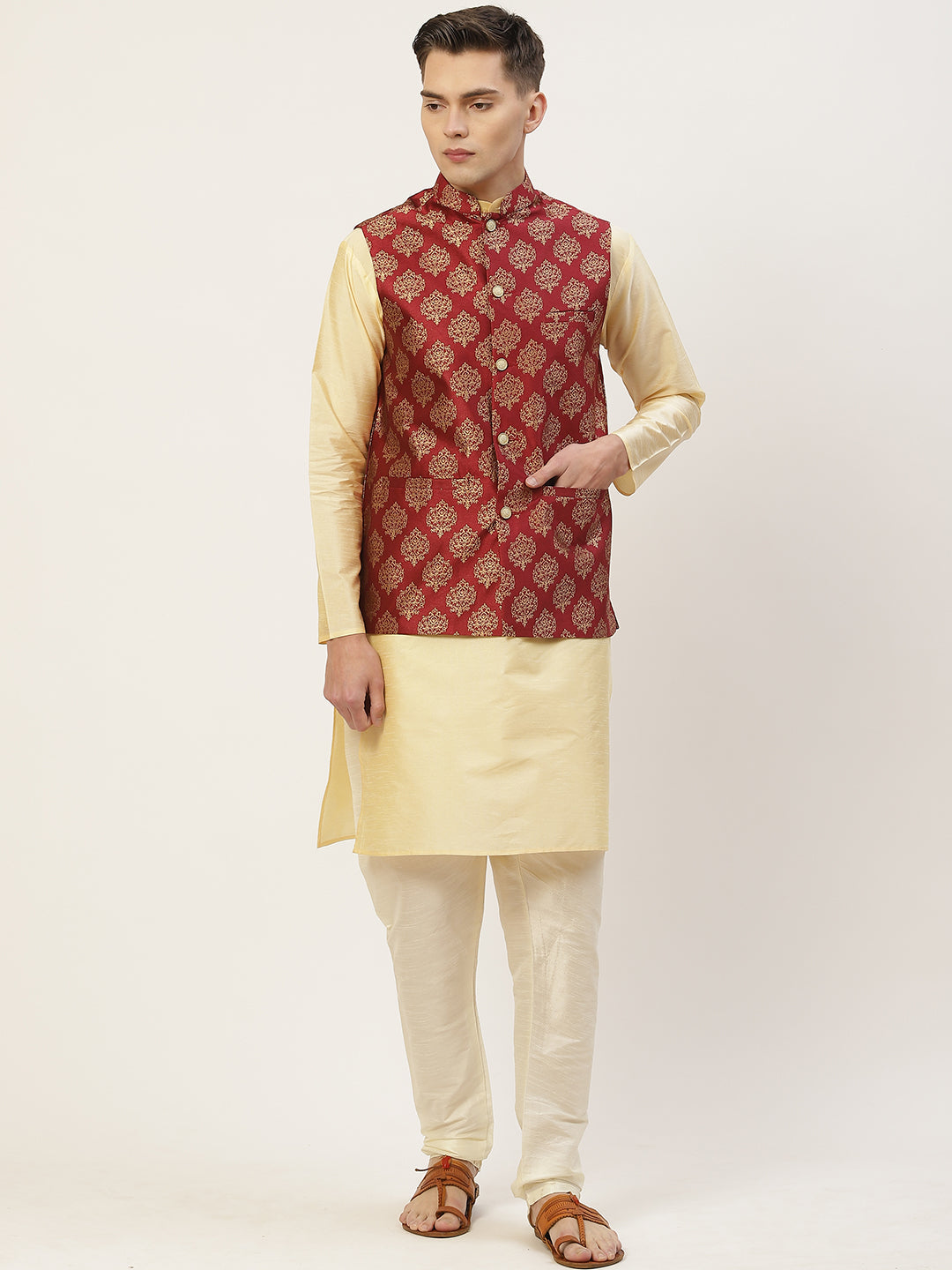 Men's Maroon Printed Nehru Jacket ( JOWC 4032Maroon ) - Virat Fashions