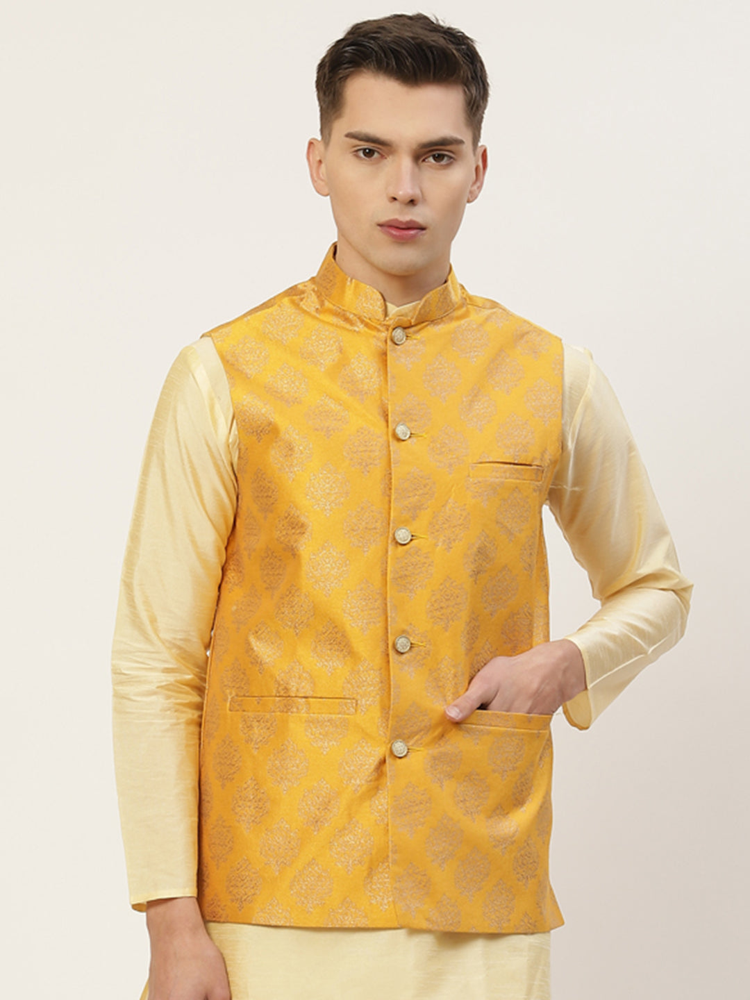 Men's Mustard Printed Nehru Jacket ( JOWC 4032Mustard ) - Virat Fashions