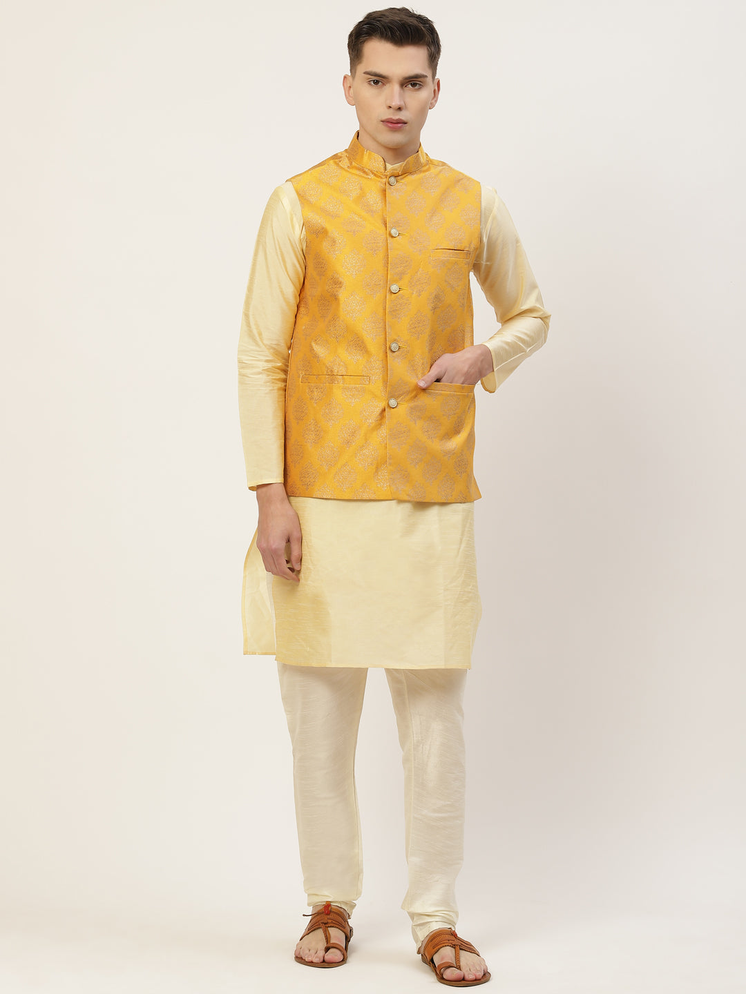 Men's Mustard Printed Nehru Jacket ( JOWC 4032Mustard ) - Virat Fashions