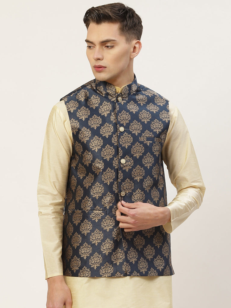 Men's Navy Printed Nehru Jacket ( JOWC 4032Navy )