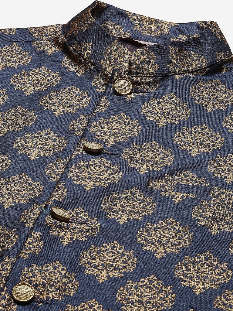 Men's Navy Printed Nehru Jacket ( JOWC 4032Navy )