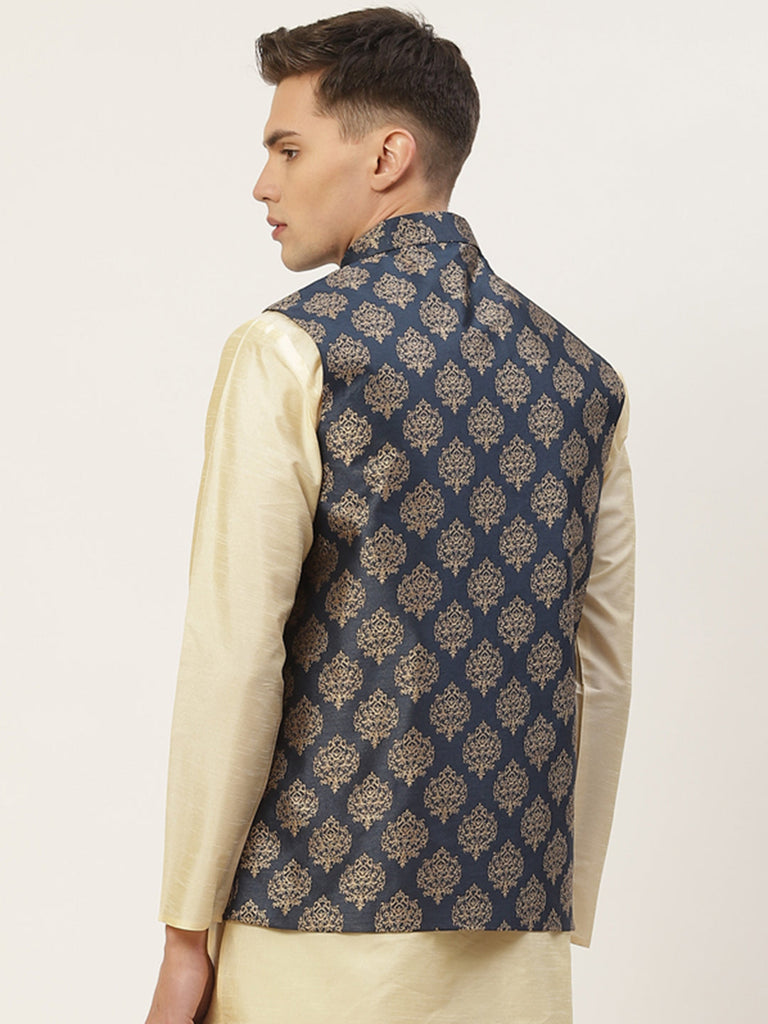 Men's Navy Printed Nehru Jacket ( JOWC 4032Navy )