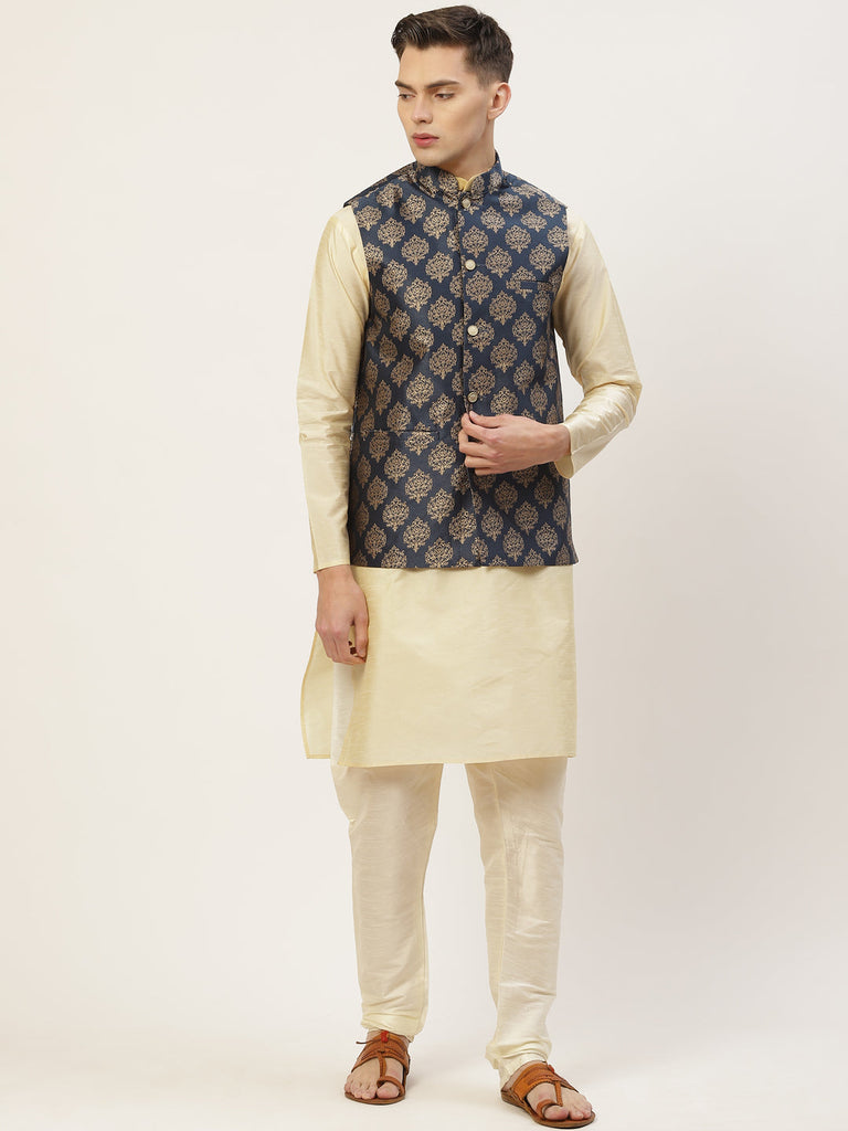 Men's Navy Printed Nehru Jacket ( JOWC 4032Navy )