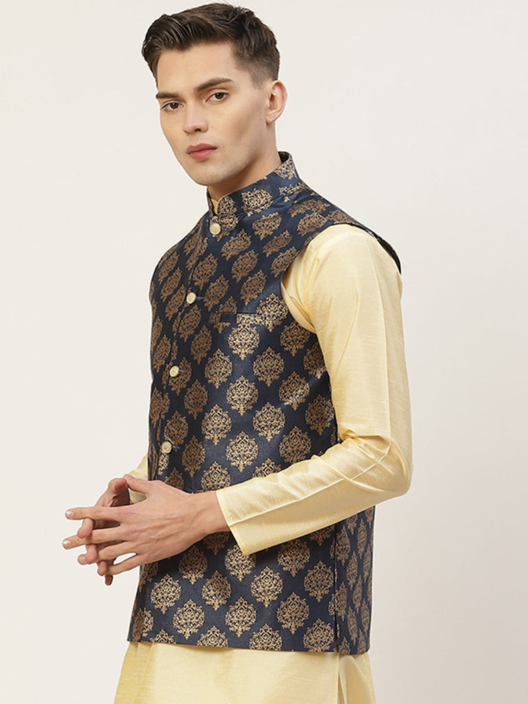 Men's Navy Printed Nehru Jacket ( JOWC 4032Navy )