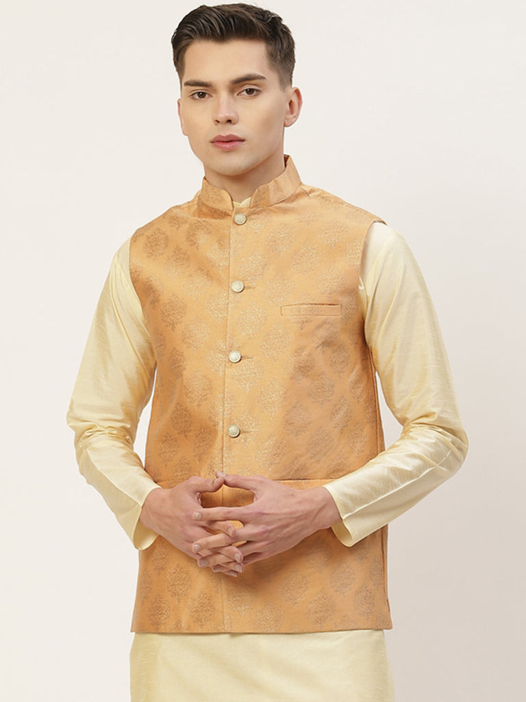 Men's Peach Printed Nehru Jacket ( JOWC 4032Peach )
