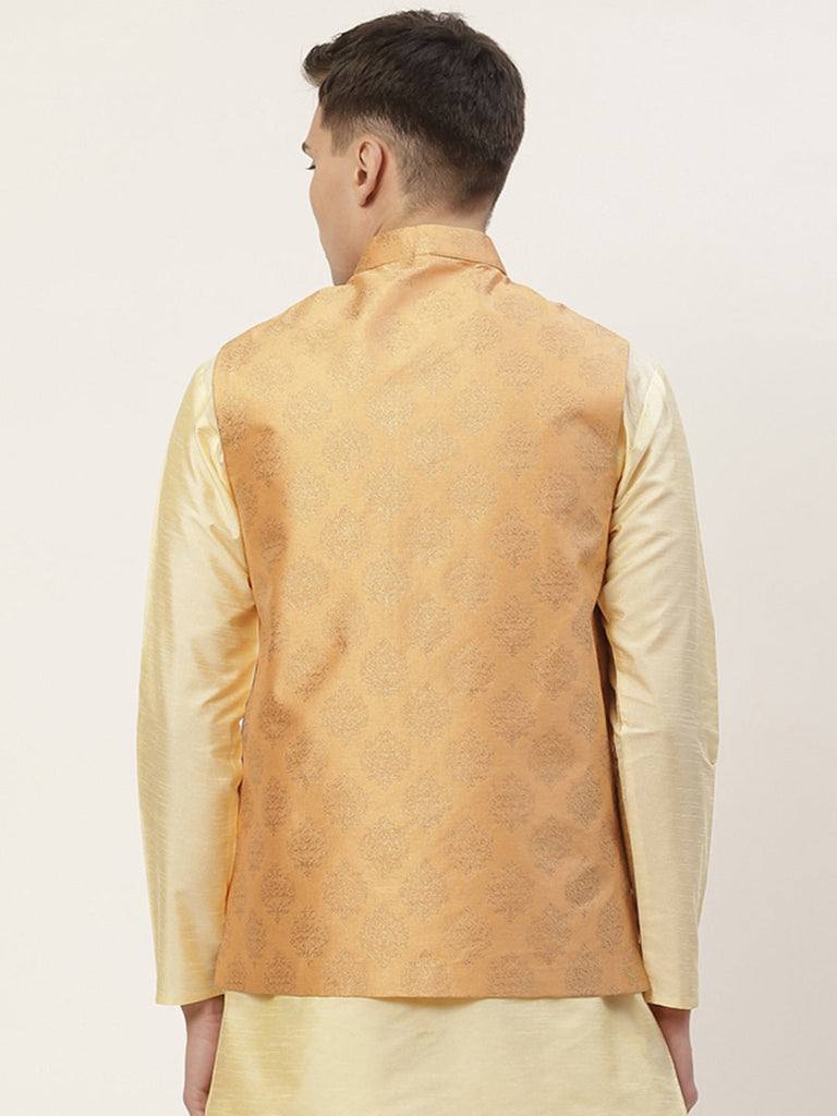 Men's Peach Printed Nehru Jacket ( JOWC 4032Peach )
