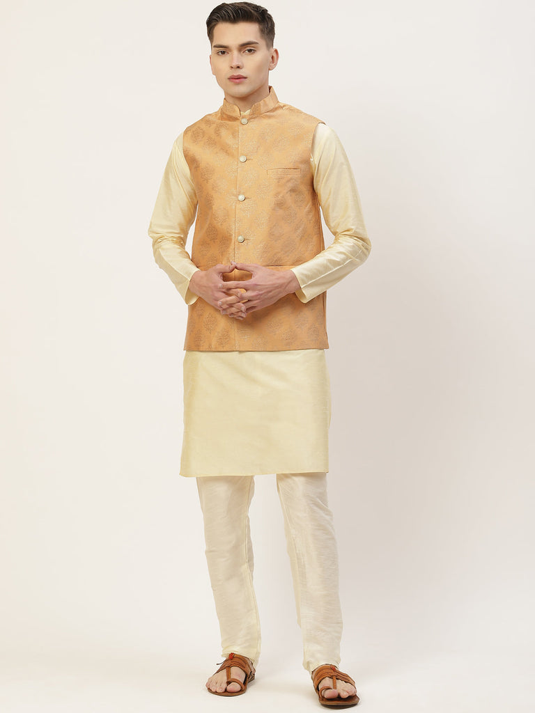 Men's Peach Printed Nehru Jacket ( JOWC 4032Peach )
