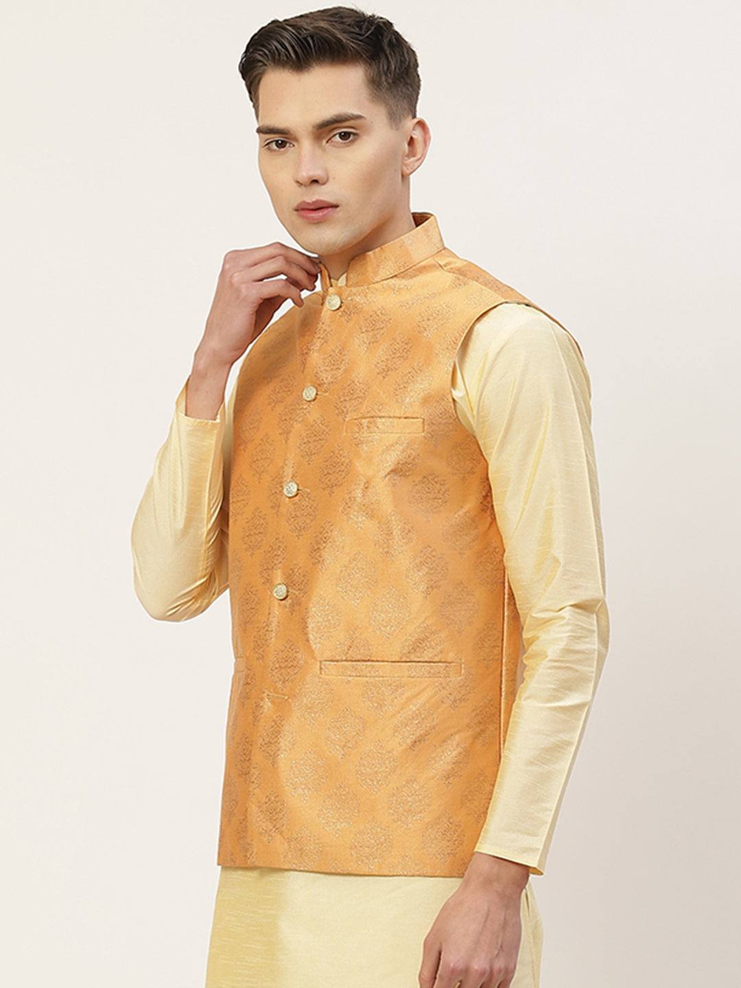 Men's Peach Printed Nehru Jacket ( JOWC 4032Peach ) - Virat Fashions