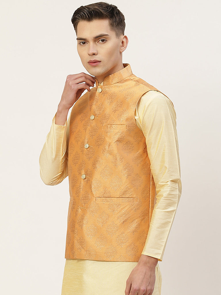 Men's Peach Printed Nehru Jacket ( JOWC 4032Peach )