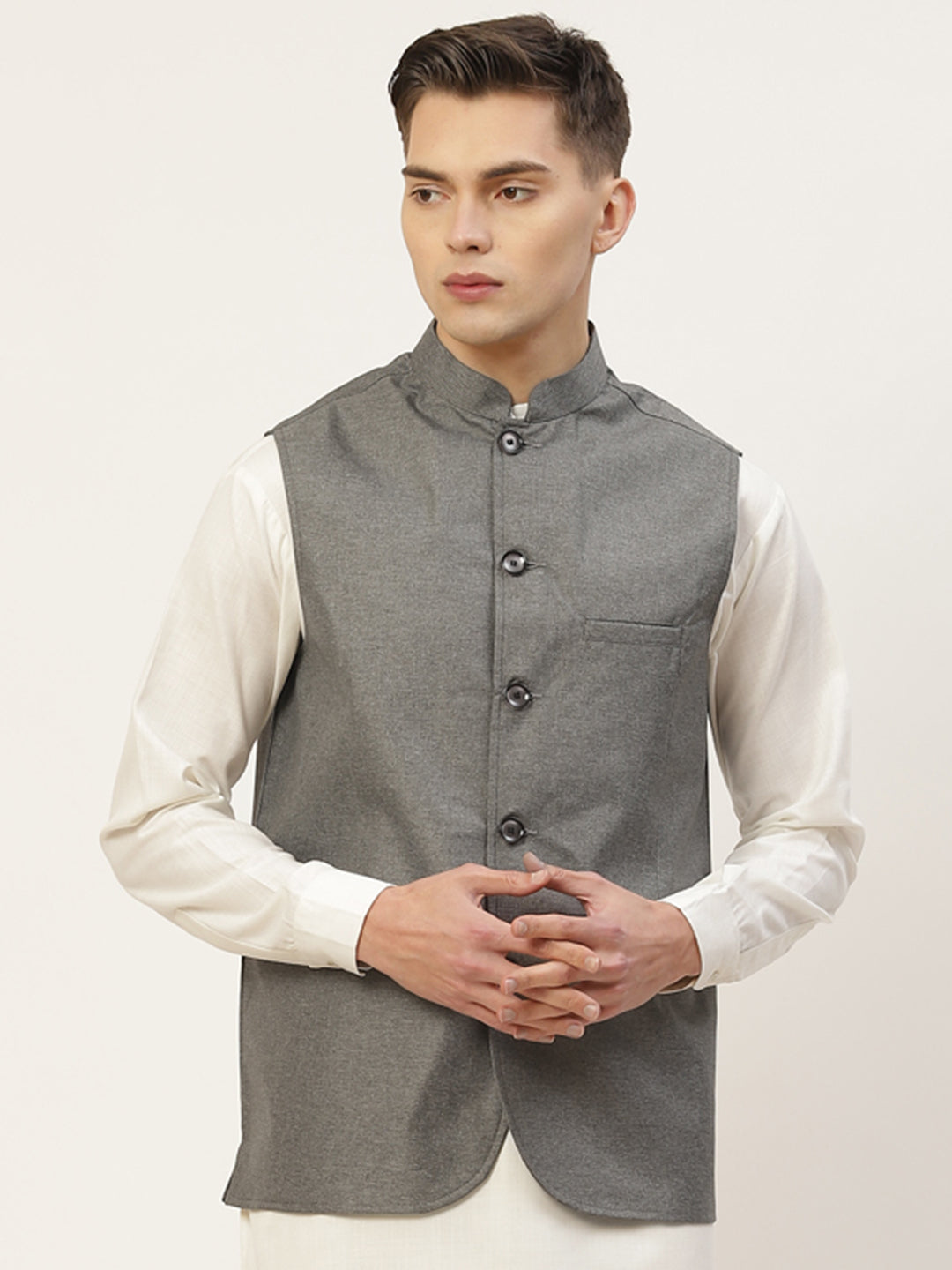 Men's Charcoal Solid Nehru Jacket ( JOWC 4033Charcoal ) - Virat Fashions